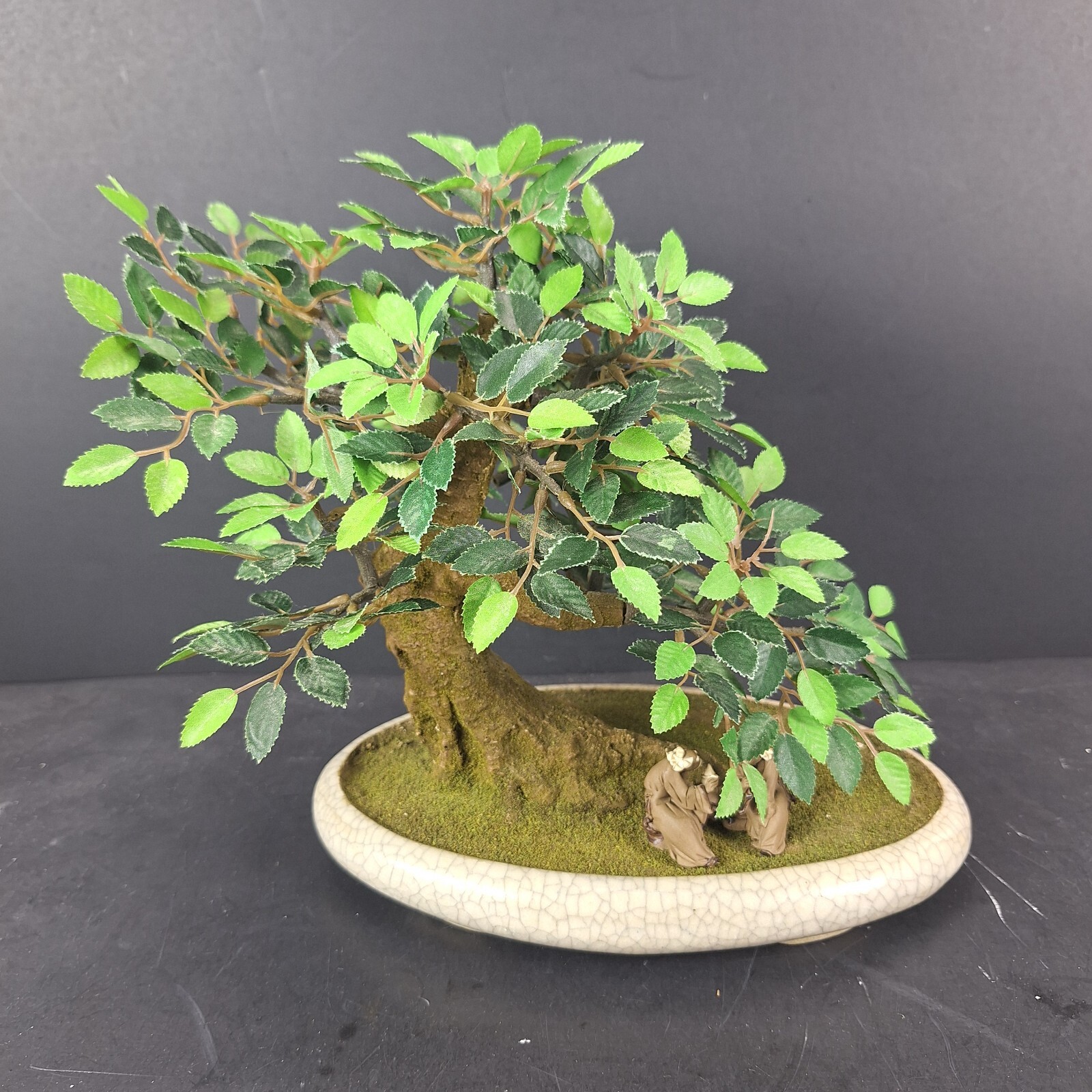 Artificial Bonsai Tree with Ceramic Planter & Clay Asian Figures Fake Plant