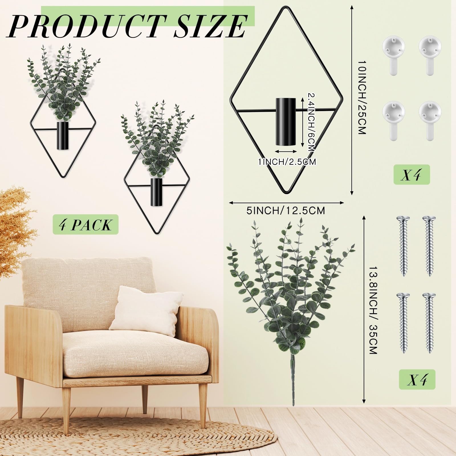 4 Pcs Plant Wall Decor Diamond Shape Hanging Planters with Artificial Plants …