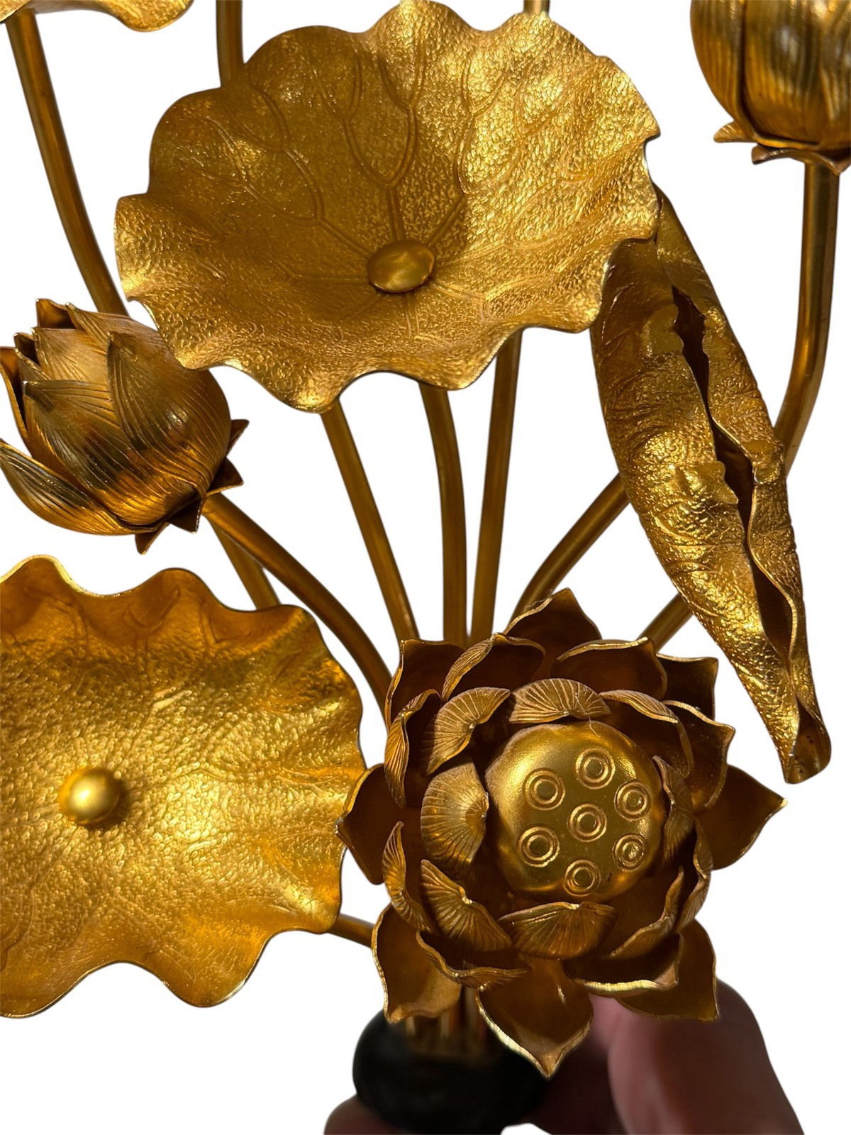 VTG Japanese Lotus Flowers decoration pair gold tone 12″ READ