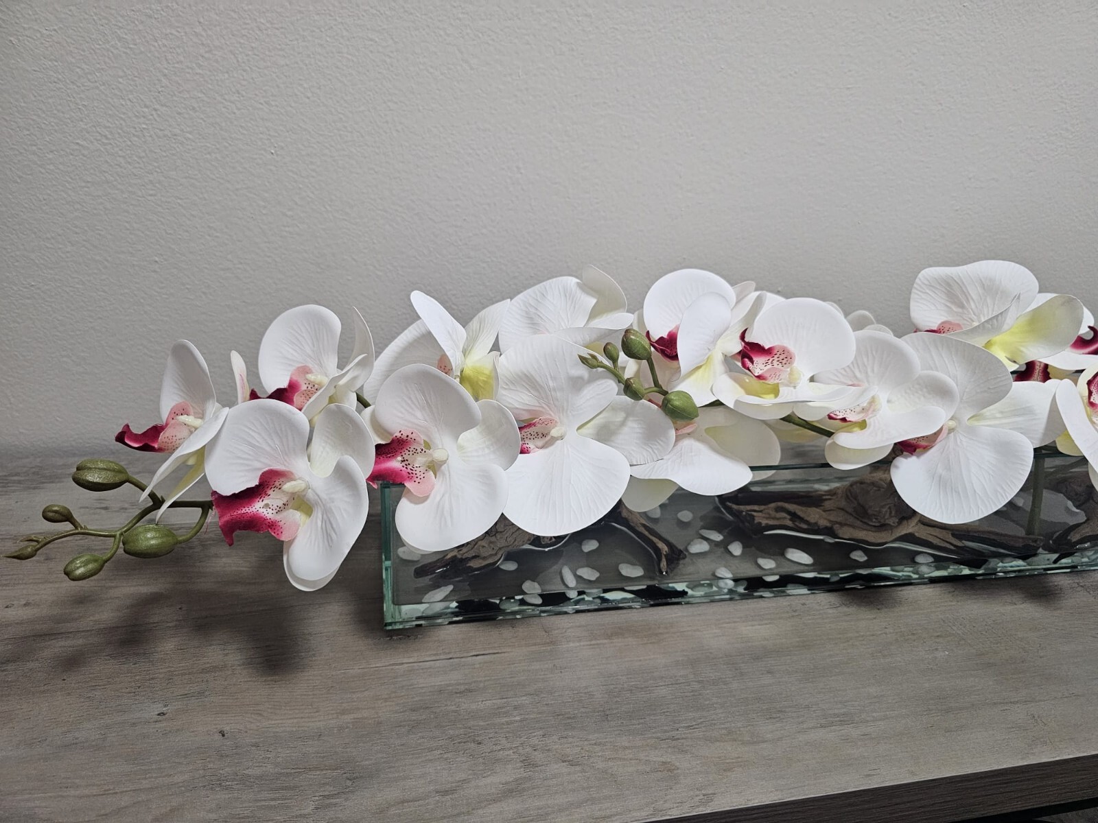 Floral Arrangement, Casa Moderna Glass Plate  W/ Faux White Orchids & Succulents