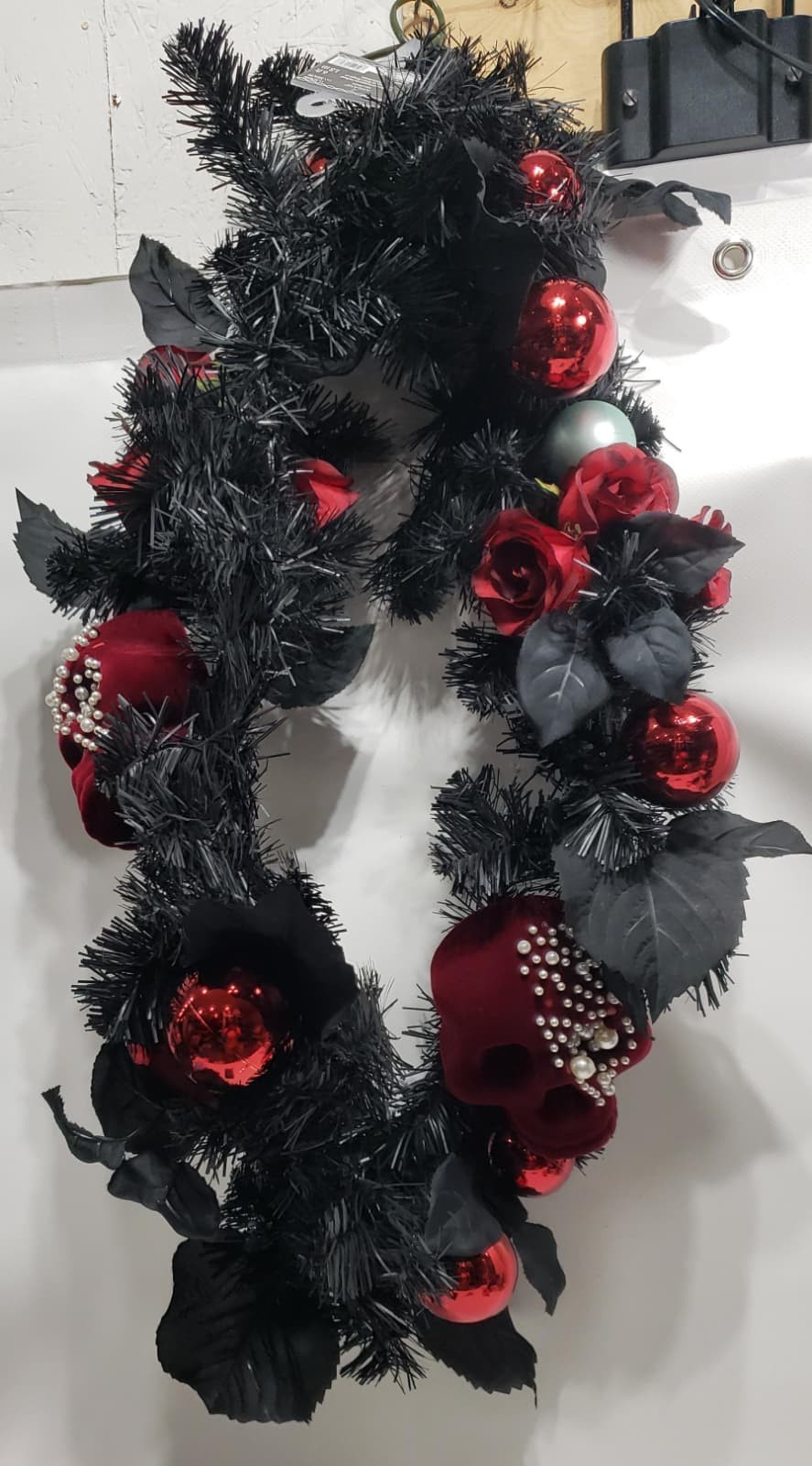Ashland Gothic Halloween Skull Wreath Red Roses And Ornament Garland Decor 6 ft