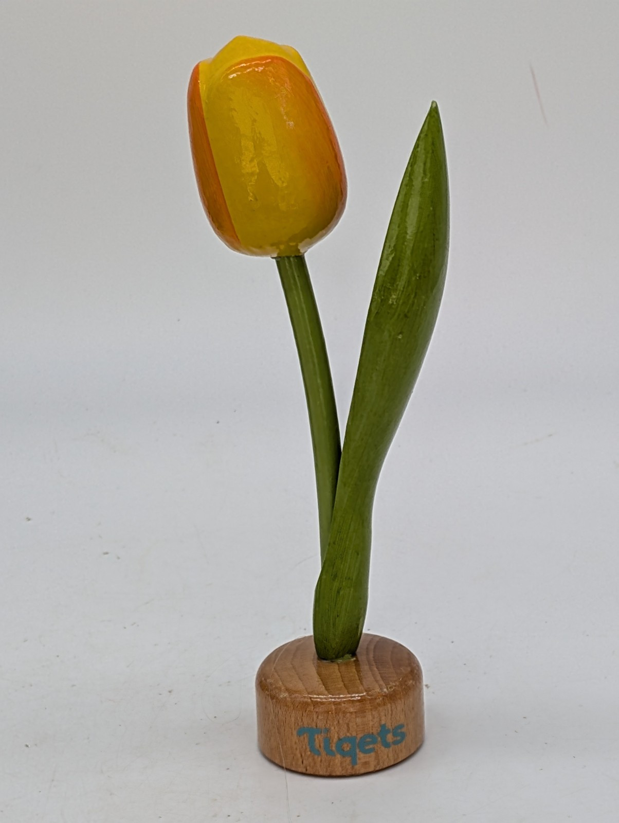 Hand Carved and Painted Wooden Flower Tulip Yellow Tiqets Holland Dutch In Base