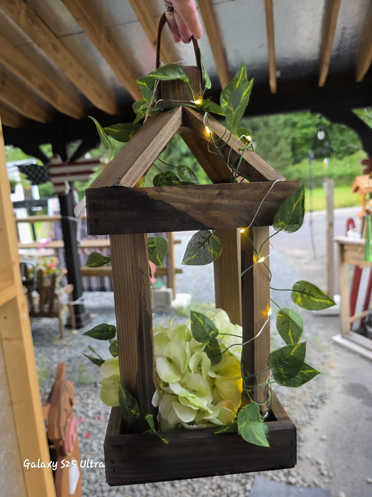 Rustic Indoor/Outdoor Wooden Lantern Centerpiec w/ Green Hydrangea Fairy Lights