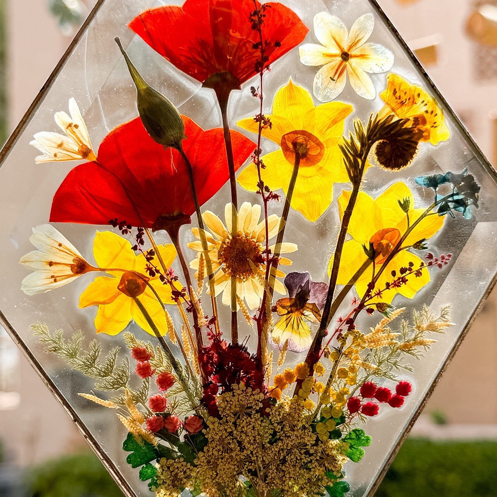 Vintage Pressed Flower Glass Suncatcher Hanging Panel Soldered Metal Frame 6×9
