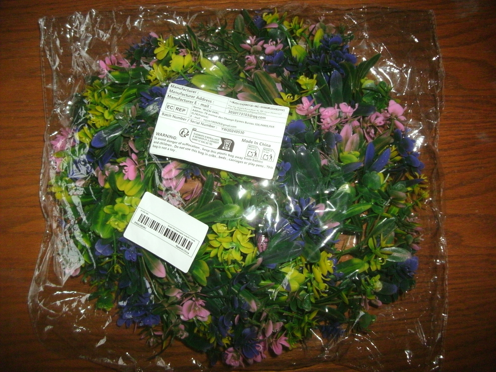 NEW Floral Wreath Wall Decor 12″ plastic pink purple yellow flowers & greenery