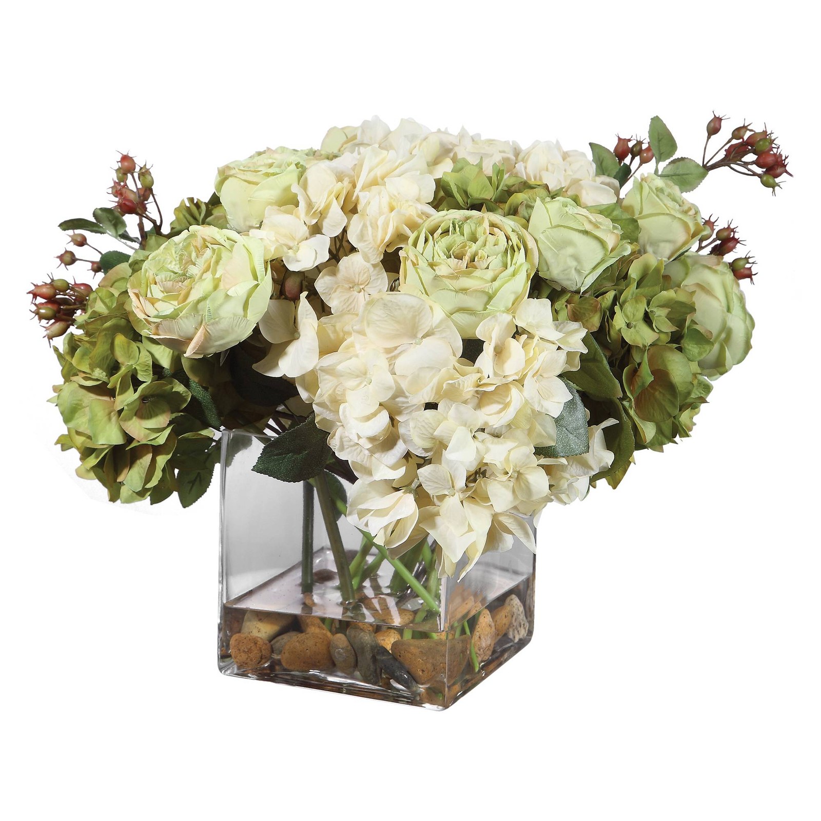 Potted Faux Artificial Flowers Realistic Cream Hydrangea Rose in Vase Home Decor