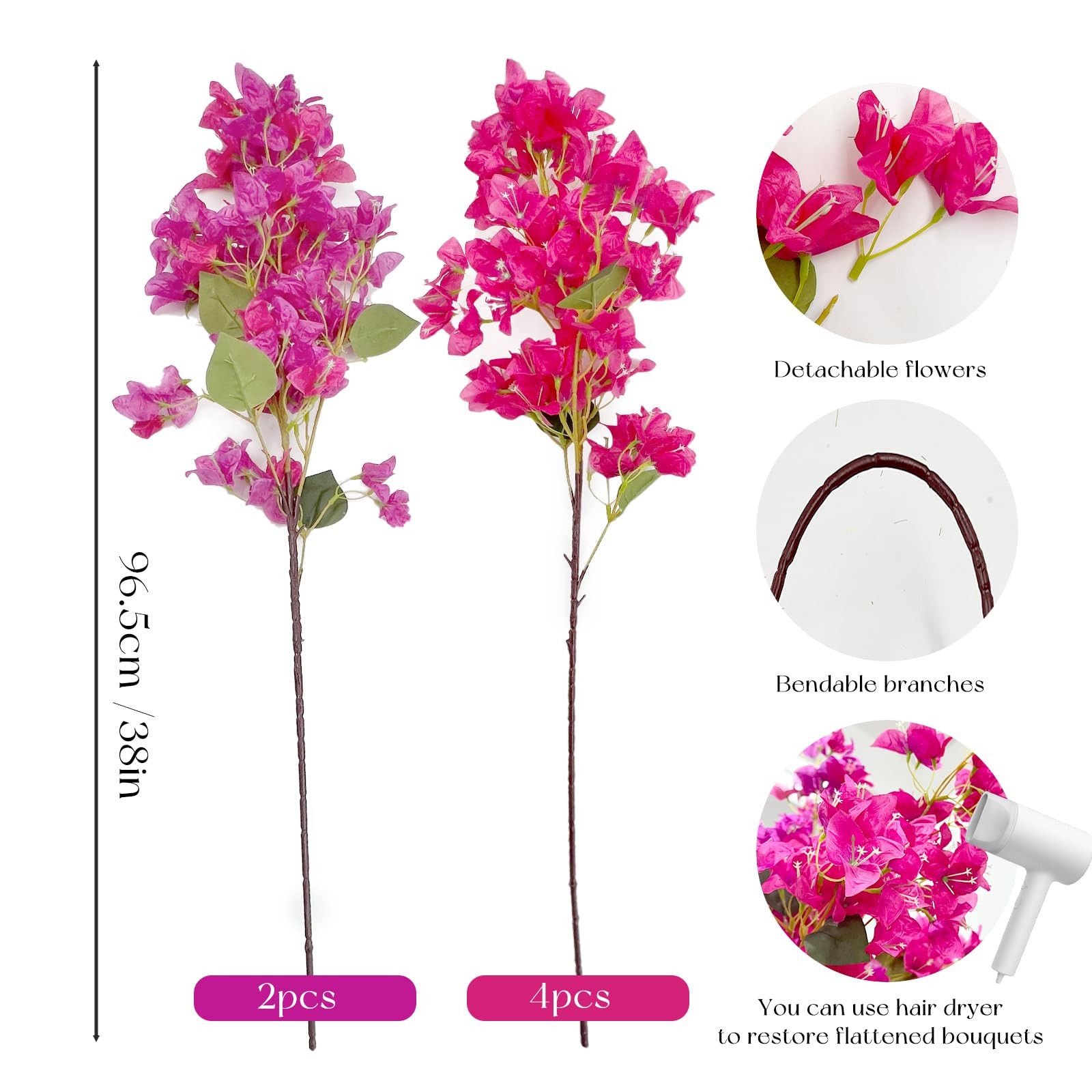 38″ Artificial Flowers Bougainvillea Floral, 6PCS 2Color Long Stems Silk Fake…