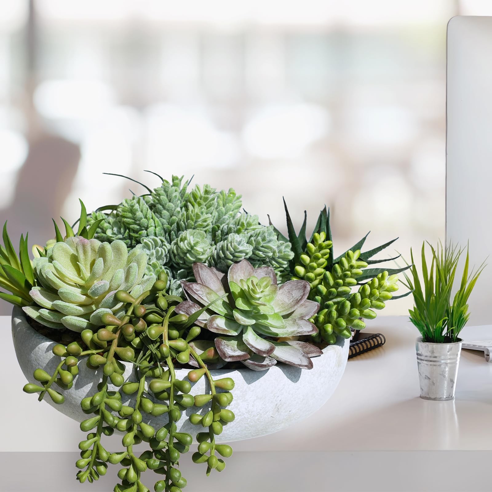 9″ Artificial Succulent Arrangement Succulent Plants in Gray Round Planter Fa…