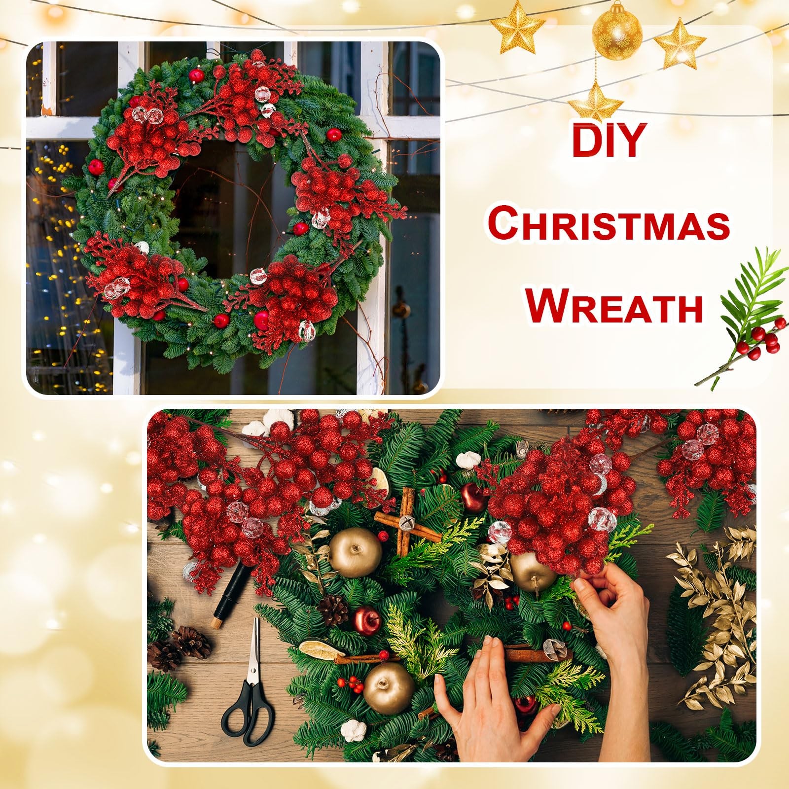 24 Pack Artificial Red Berry Stems Christmas Picks and Sprays Glitter Christm…