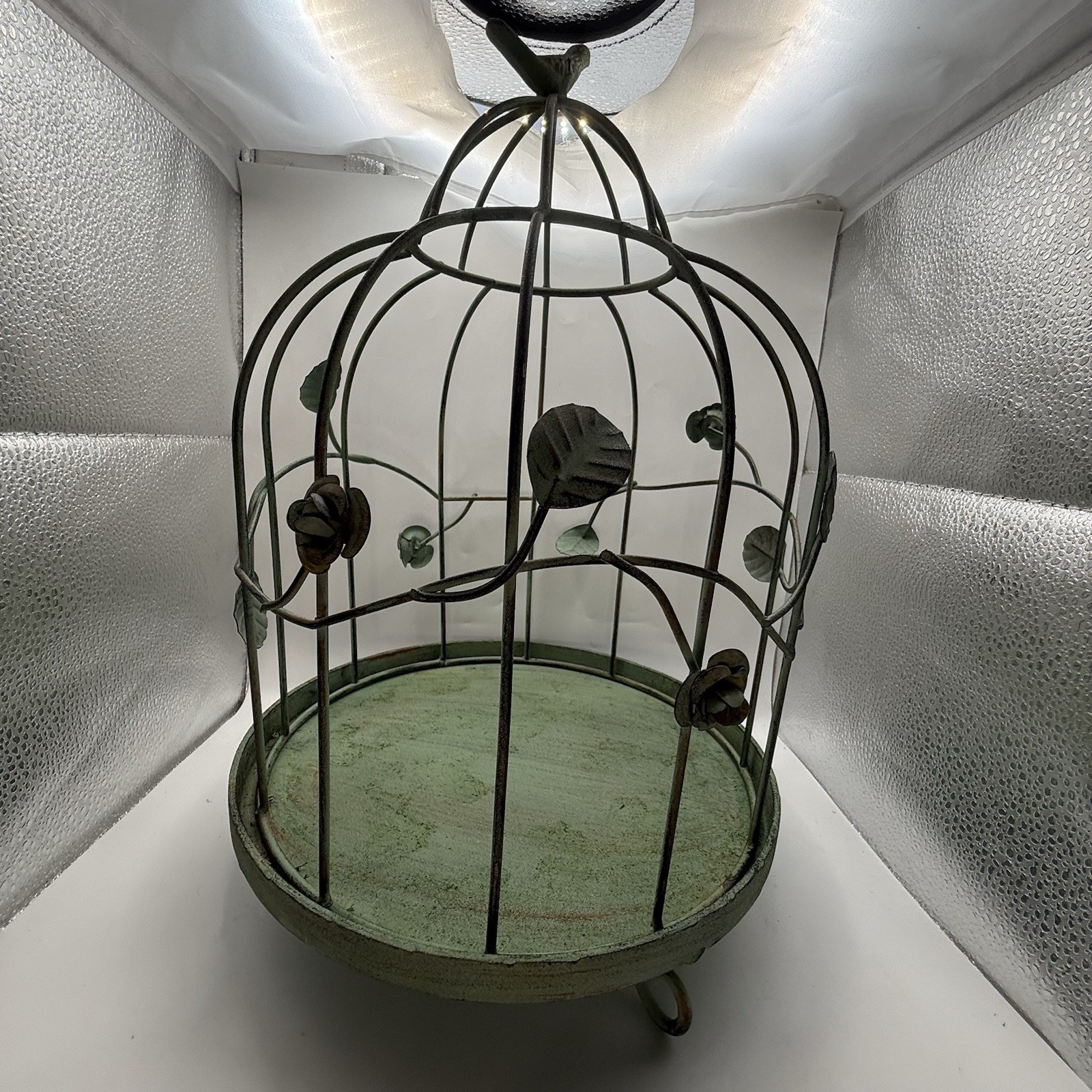 Deco bird cage Green Patina Metal Cottage core Plant Flower 2 Pieces Roses Vtg