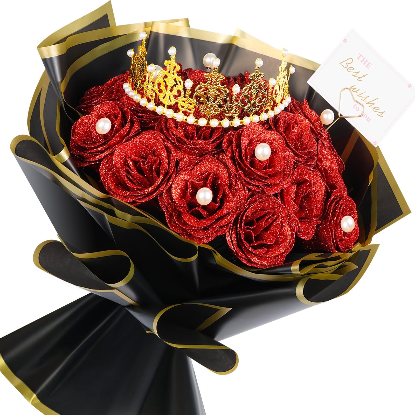 Glitter Roses Bouquet Red Roses Artificial Flowers with Flower Wrapping Paper…
