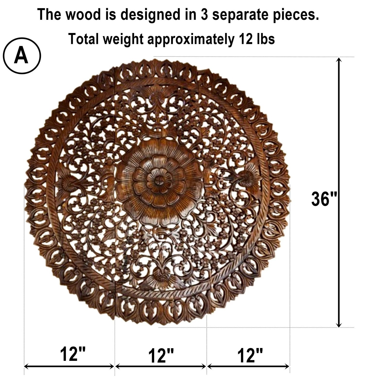 Round Floral Mandala Wood Carving Panel 90 cm, 3-Piece Set