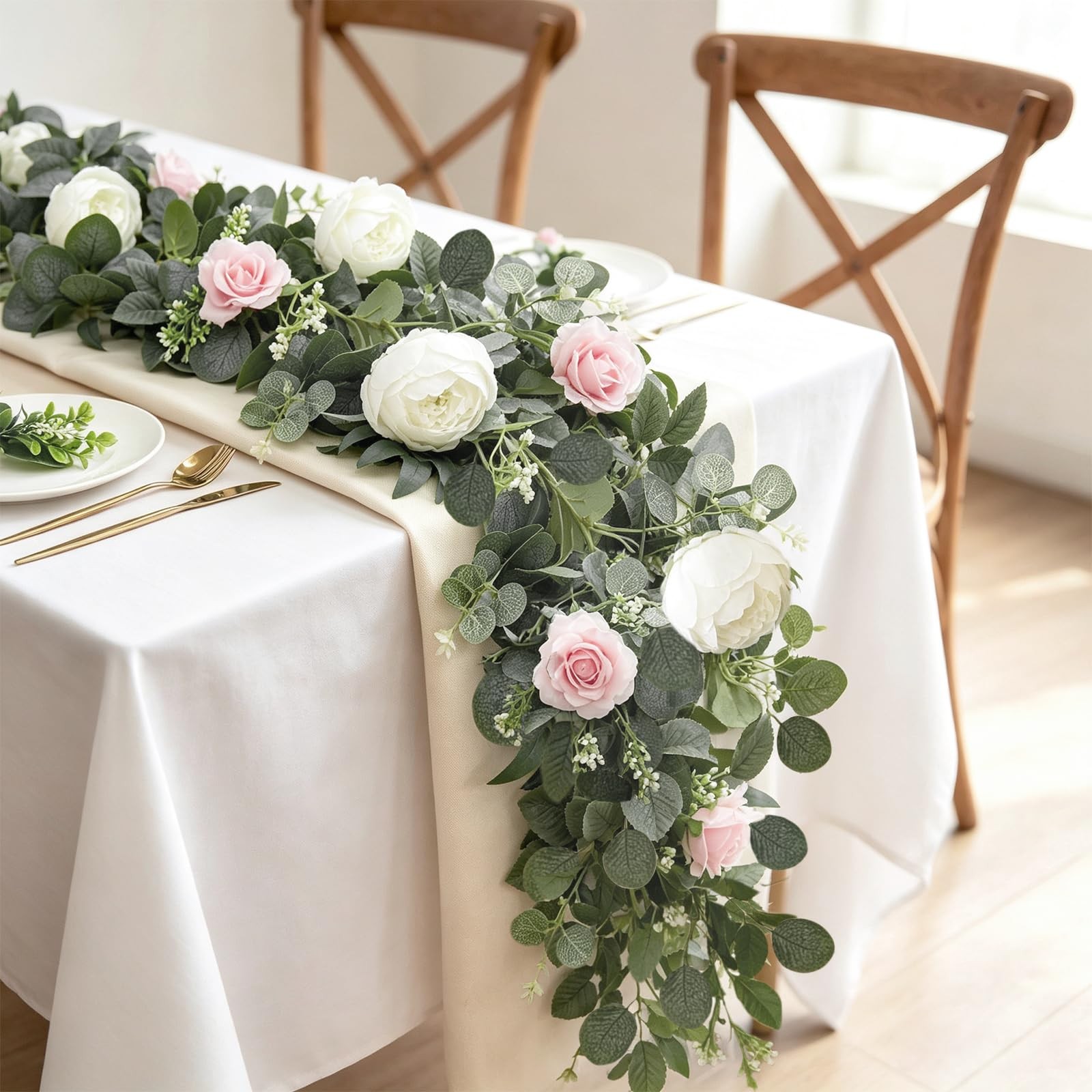 2 Pack Artificial Eucalyptus Flower Garland with 16 White Peony Pink Rose, 13…