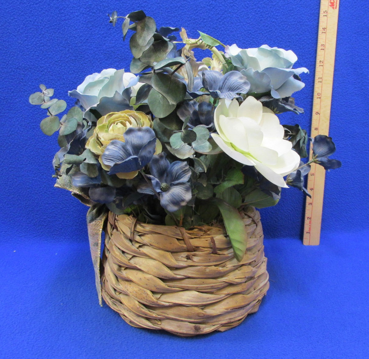 Blue Floral Arrangement In Basket Roses Magnolias Eucalyptus Bow w/ Coffee Cup