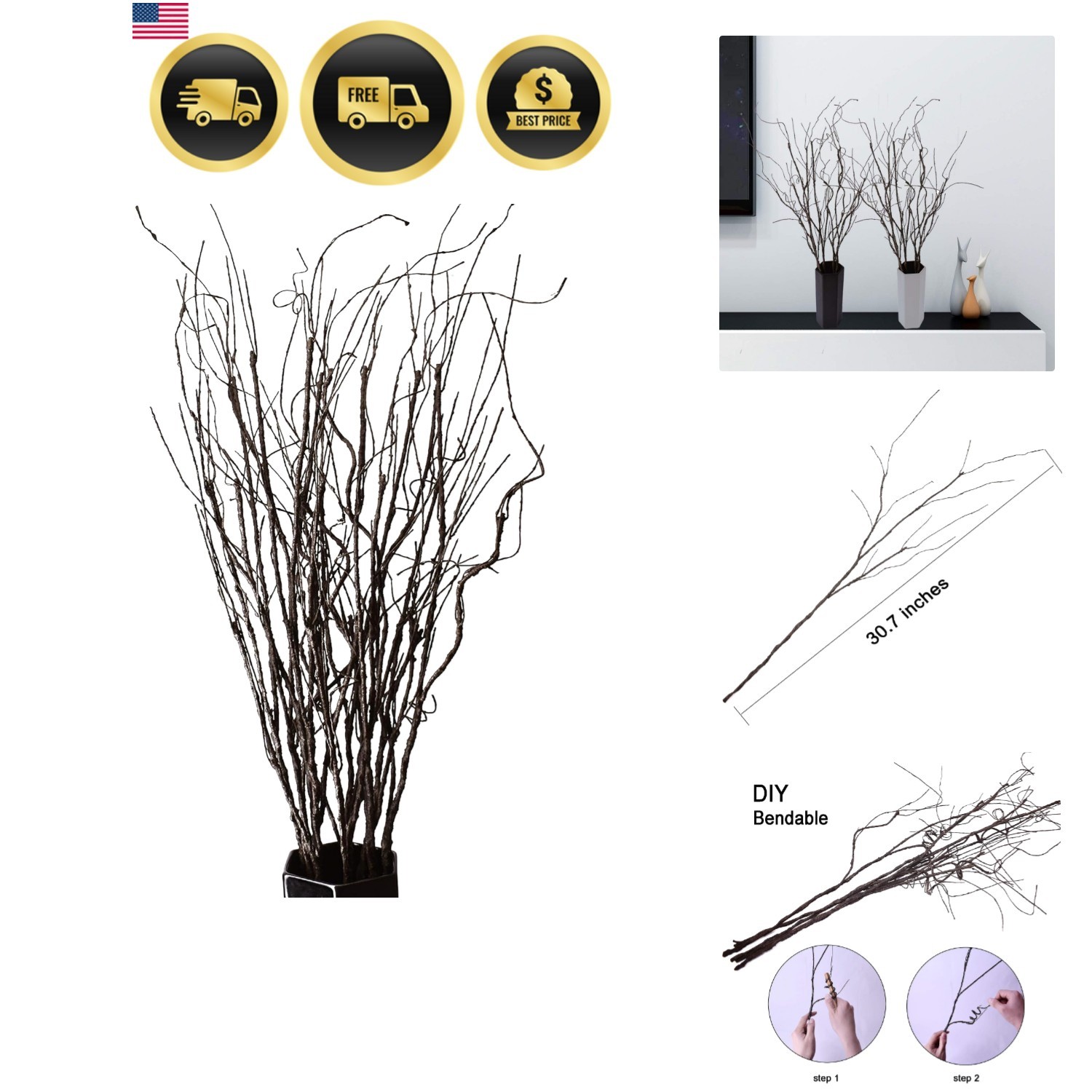 10PCS Lifelike Curly Willow Branches Decorative Dried Artificial Twigs, 30.7 …