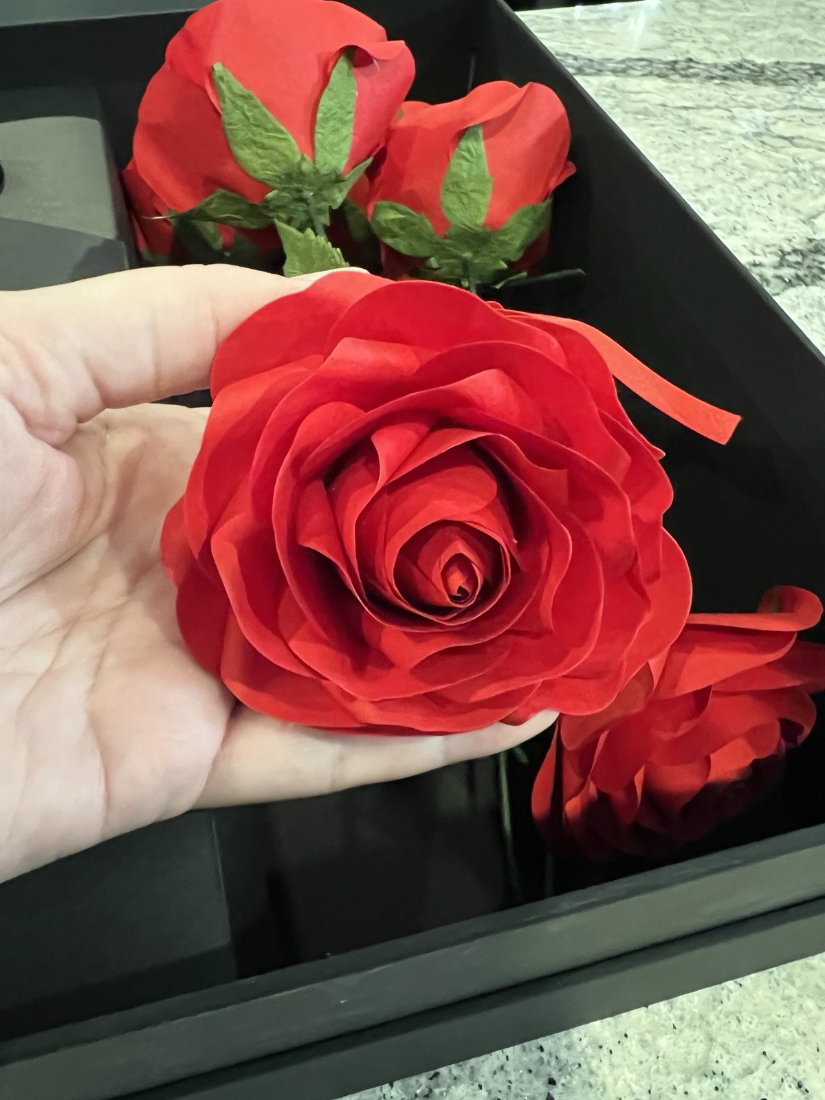 Paper Red Roses with Glass Vase and Rose Oil – 6 Long Stem Roses -Handmade Roses