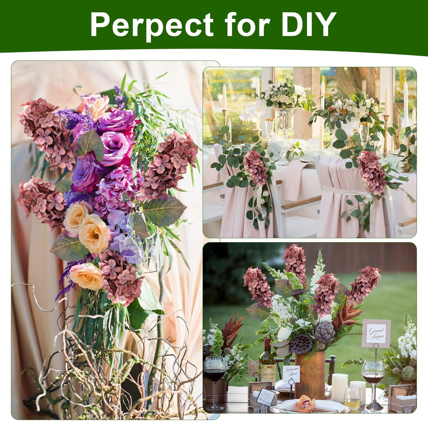8 Pcs Rose Red Artificial Hydrangea Flowers for Home Decor & Centerpieces