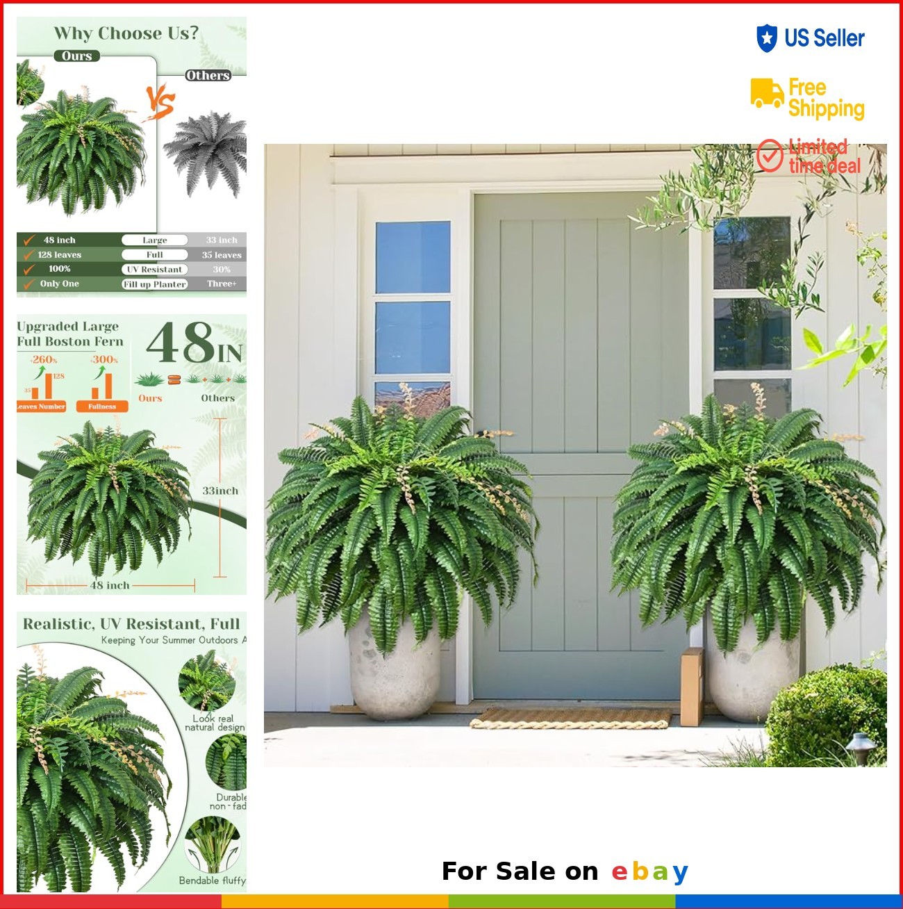 Artificial Ferns 48 Inch 128 Leaves UV Resistant Faux Boston Fern 2 Pack
