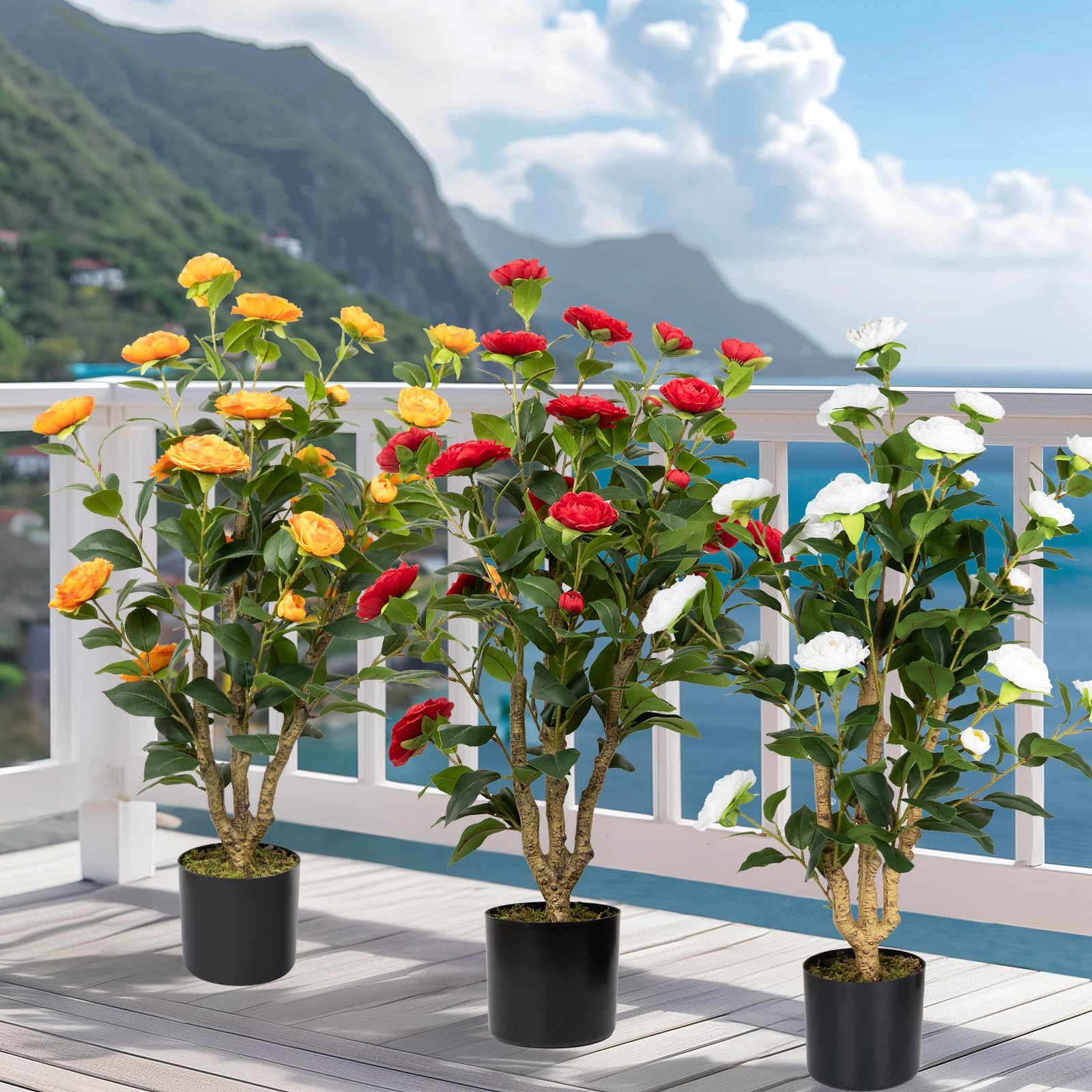 Artificial Camellia Tree 2 Pack, 38’’ Faux Camellia Plant in Pot with White F…