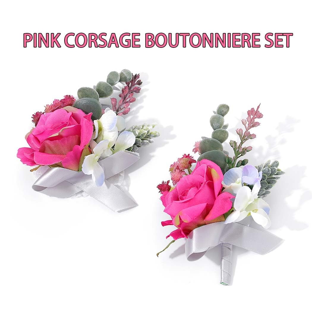 Pink Wrist Corsage Boutonniere Set Prom Wedding Bridesmaid Groom Accessories
