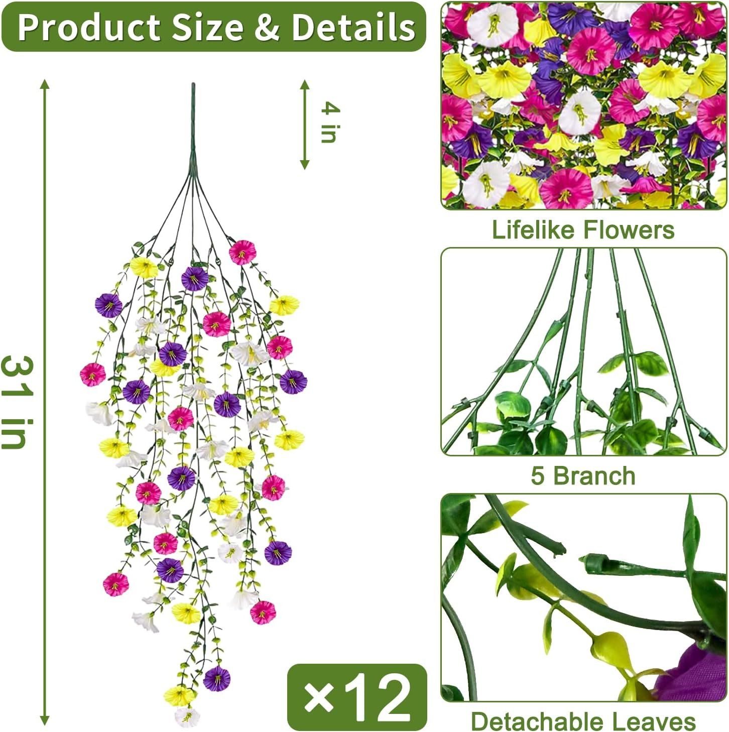 12 Pcs UV Resistant Faux Silk Morning Glory Hanging Flowers for Outdoor Decor
