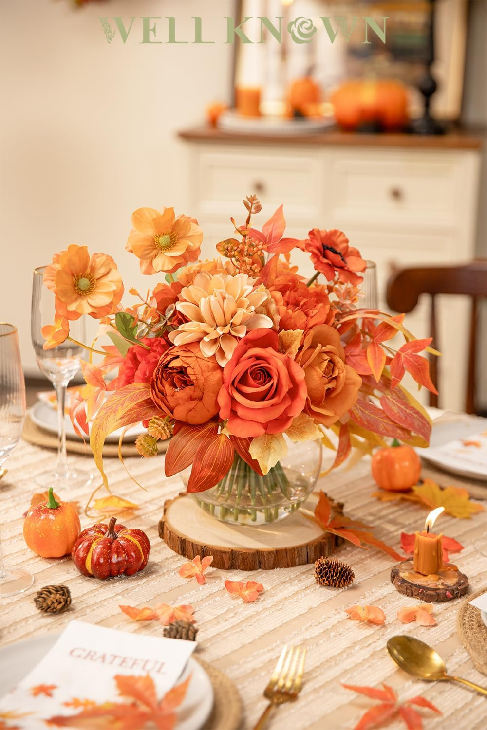 Silk Flower Bouquet in Vase – Orange Peony & Dahlia Centerpiece Decor
