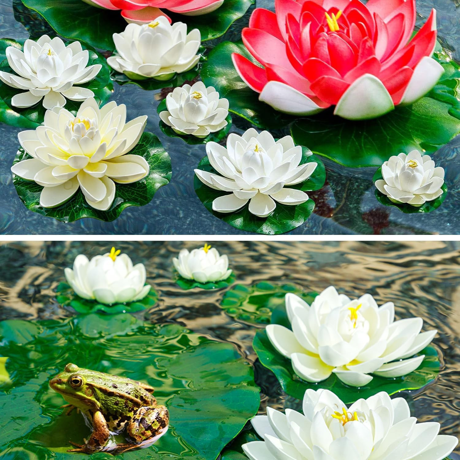 7 PCS Artificial Floating Foam Lotus Flower with Water Lily Pad, Lifelike Orname