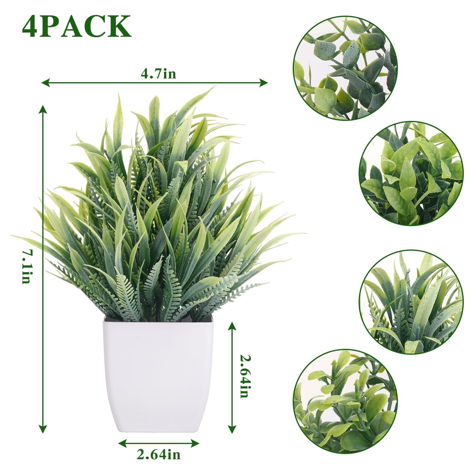 4 Packs Fake Plants Small Artificial Greenery Mini White Potted Desk Decor