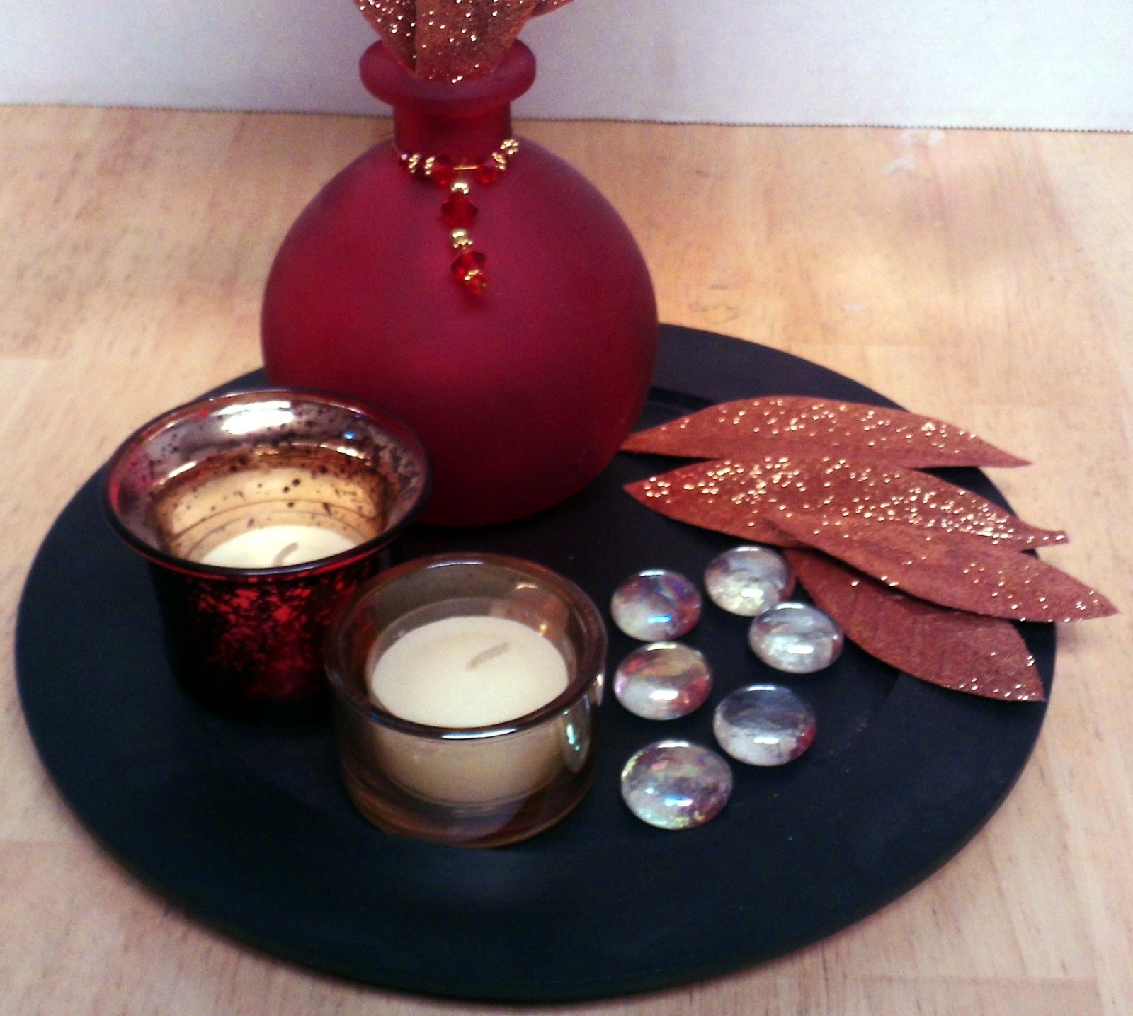 Artistic Decorative Center Piece of Black, Ruby and Gold Plus Embellishments