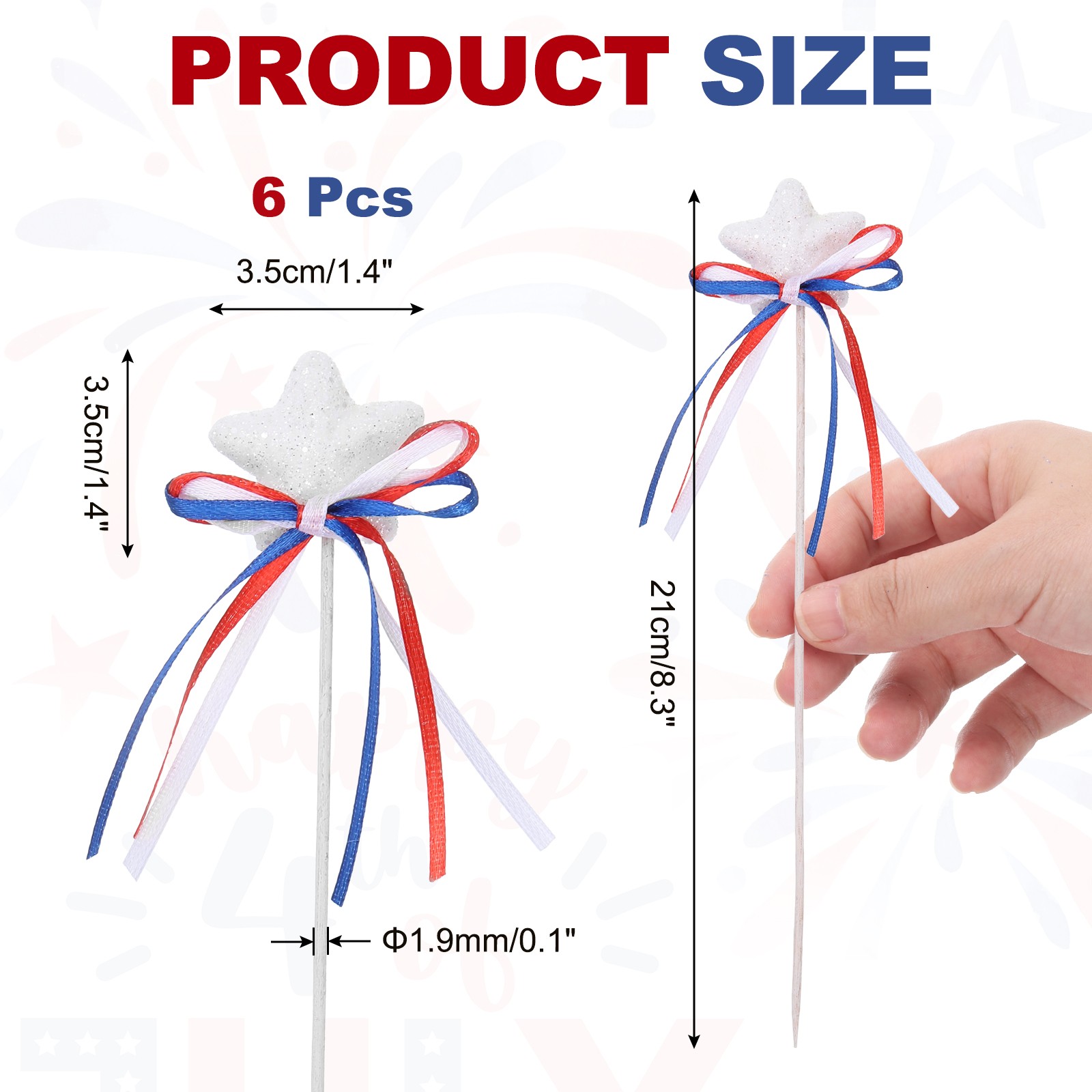 6 Pcs 4th of July Glitter Star Picks 8″ Sparkly Sticks with Bowknot (White)