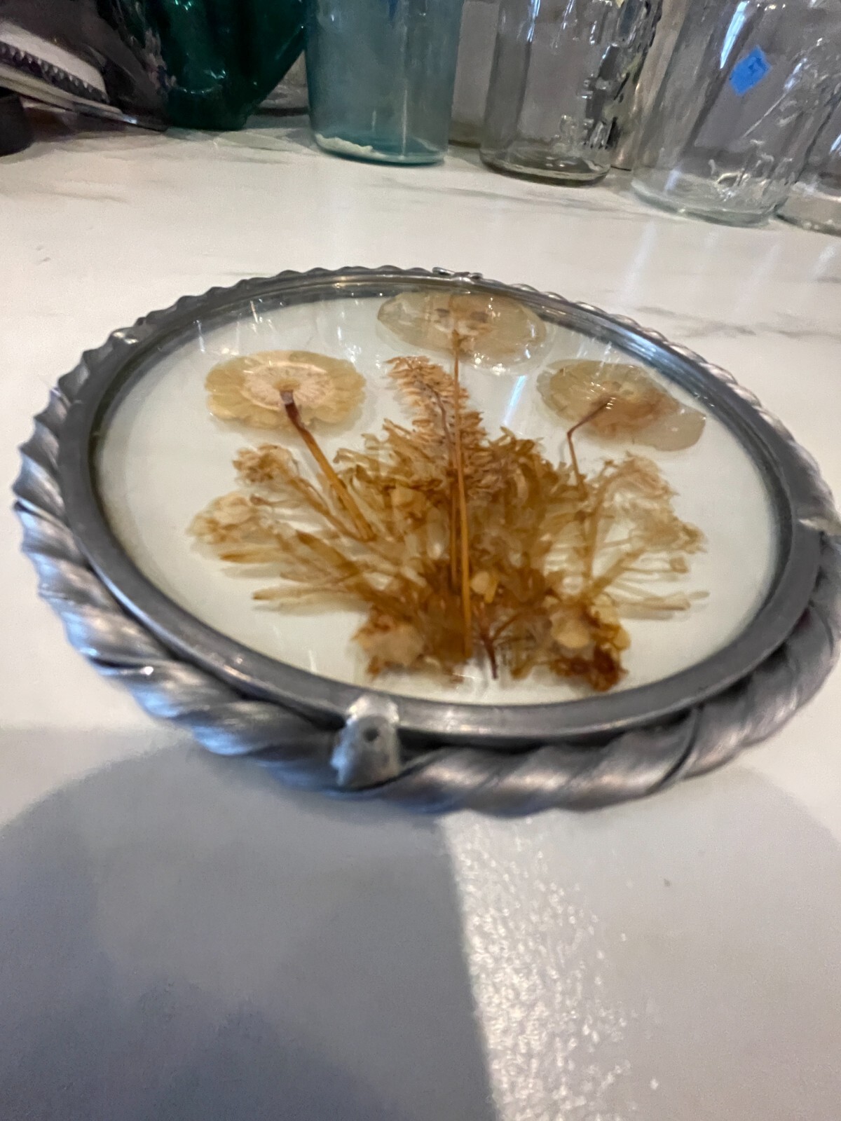 Vintage Lasting Impressions Real Dried Pressed Flowers In Glass W/ Metal Frame
