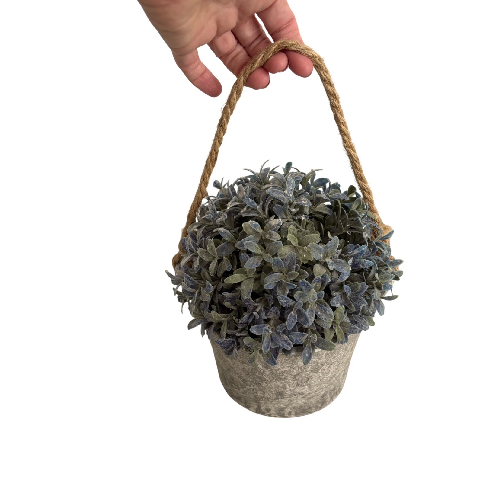 Faux Frosted Greenery Plant in Rustic Gray Pot with Jute Rope Handle Farmhouse