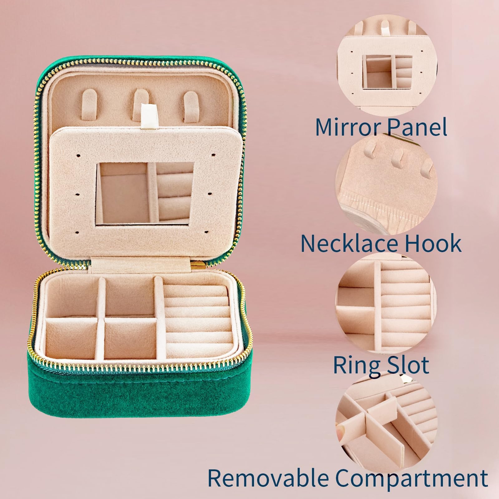 Travel Velvet Jewelry Box with Mirror, Mini Gifts Case for PlushVelvet-Green