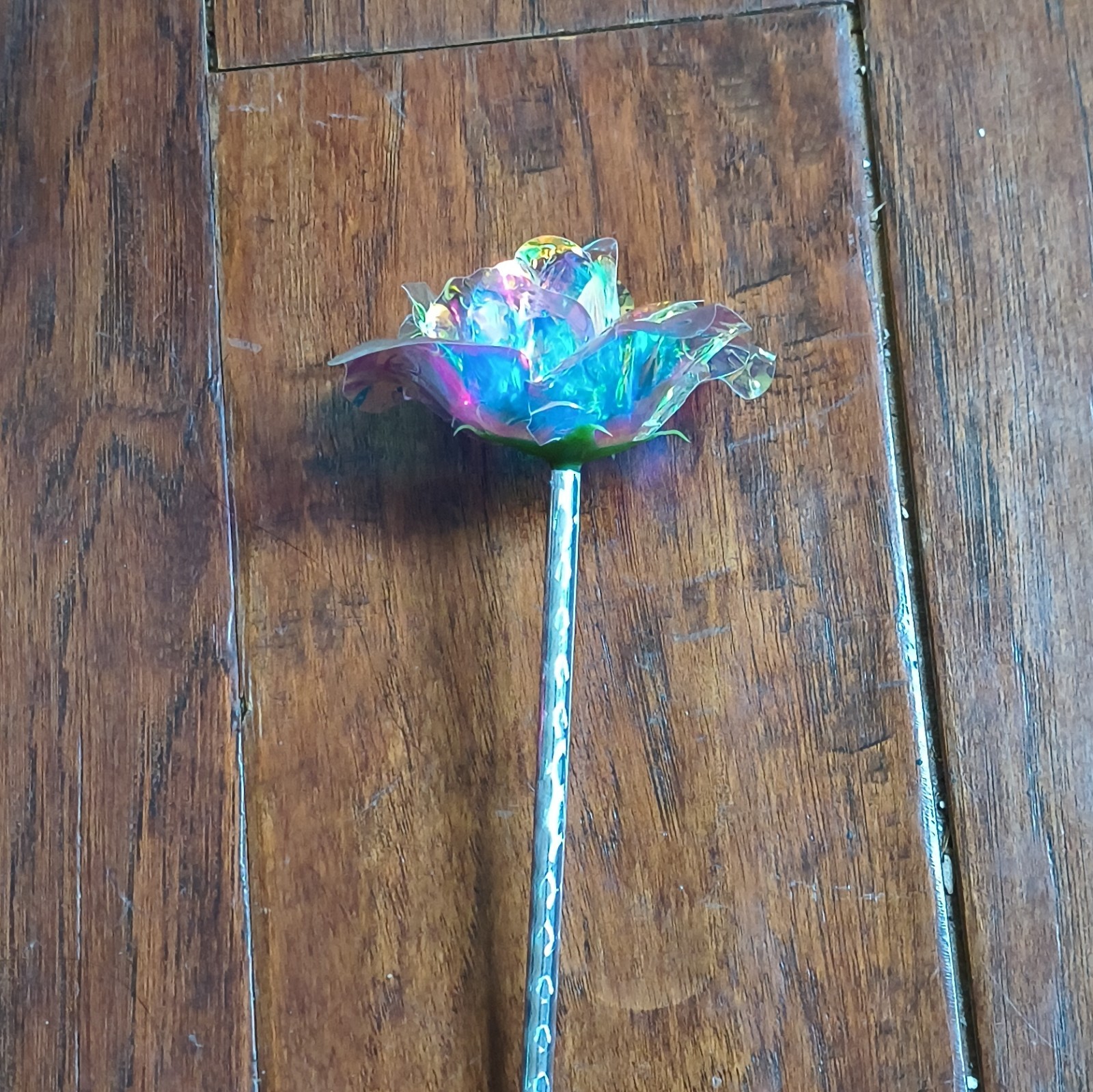 Artificial Multicolor Rose Flower Picks, Iridescent Foil/Plastic Stems