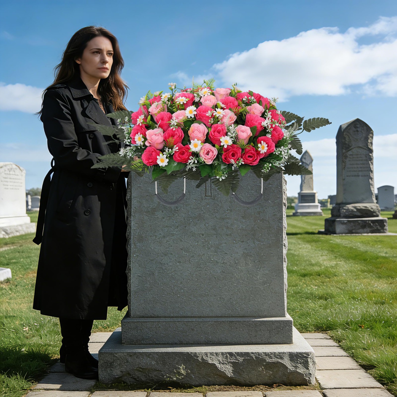 Headstone Flower Saddle Large Artificial Cemetery Flowers Grave Roses Daisy Pink