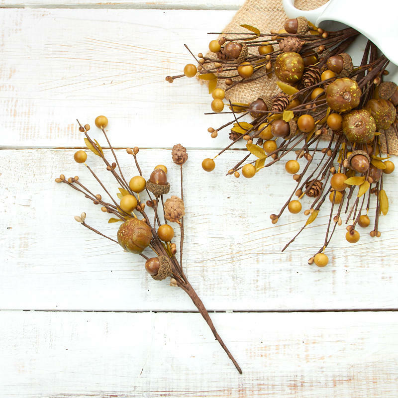 Package of 6 Green Brown Faux Berry, Acorn, and Pumpkin 9-1/2″ Floral Picks