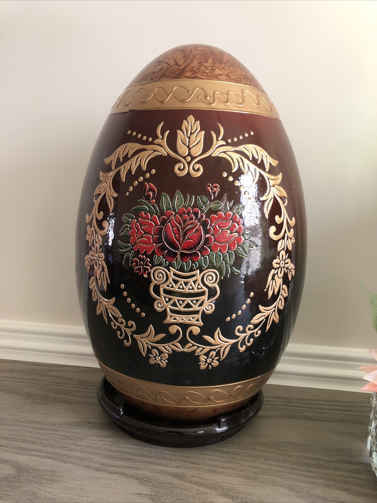 Easter Oval Eggs Pair Goldish Roses Pattern Flower Plant Wreath Design 14×8″
