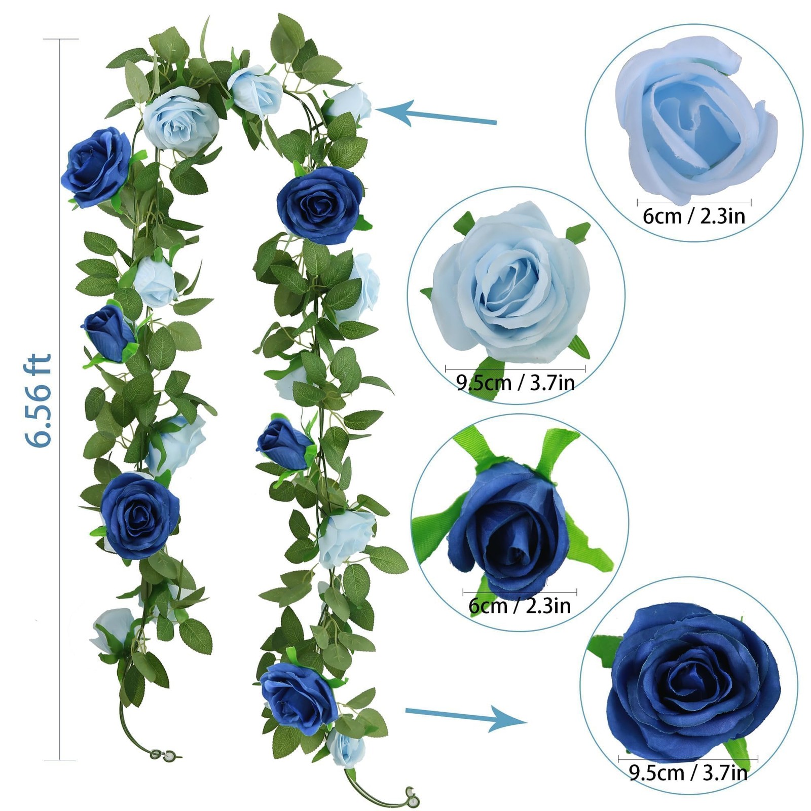 2Pack Mixed Blue Artificial Rose Flower Garland 13FT Fake Rose Vine for Table…