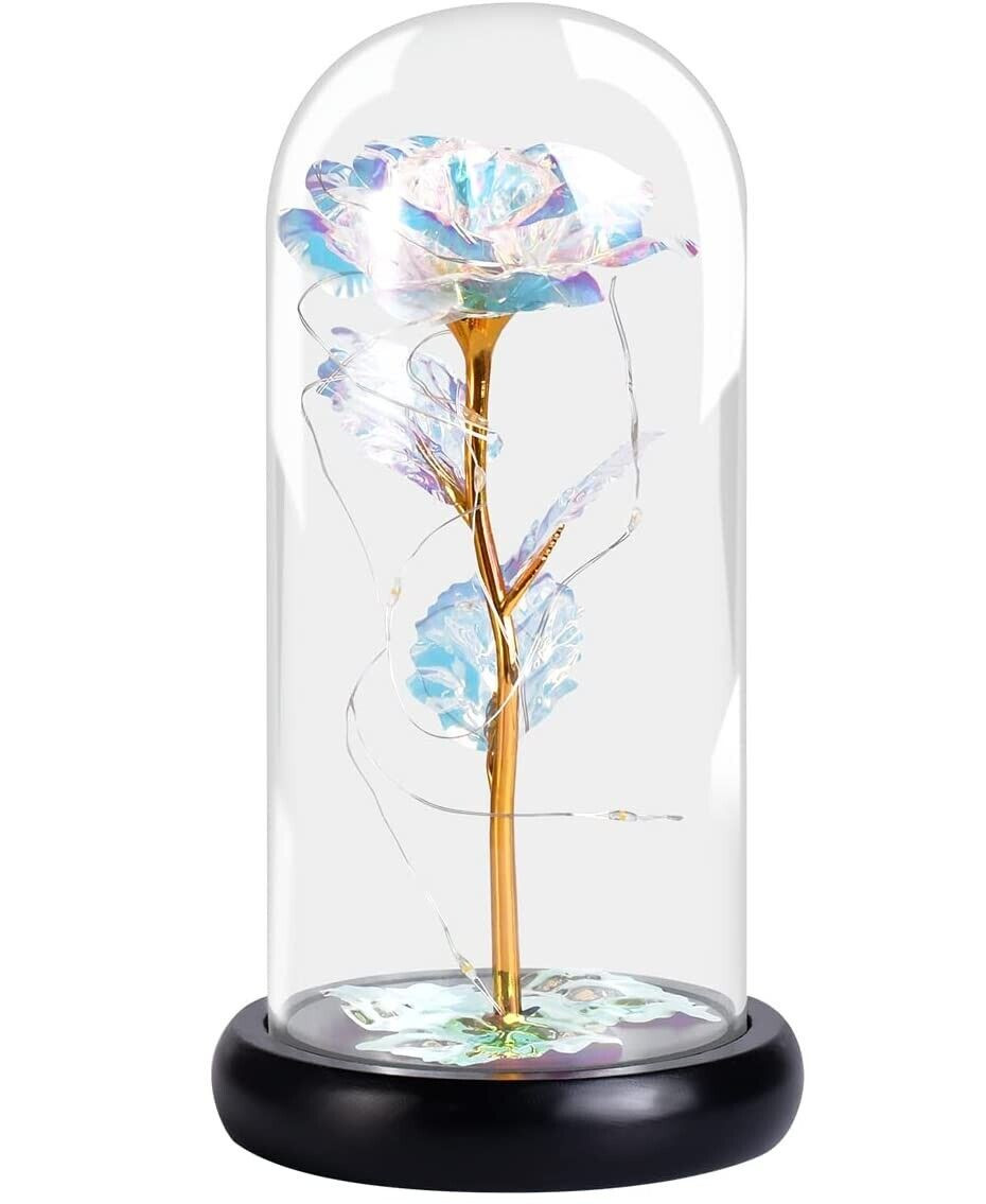 Colorful Artificial Flower Rose w/LED Lamp in Glass Dome Great Gift Idea! NEW
