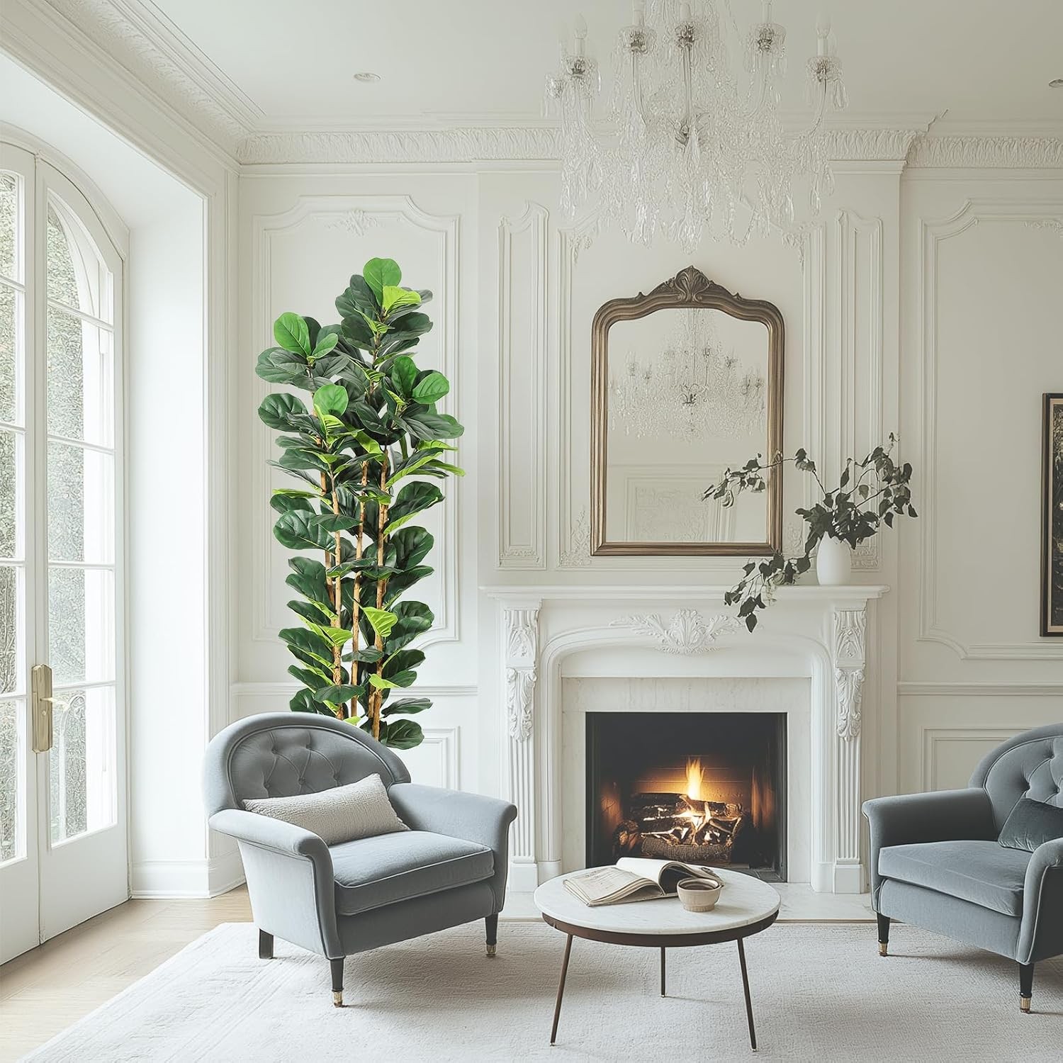 7ft Faux Fiddle Leaf Fig Tree with White Planter, Floor Fake Plants, Realistic