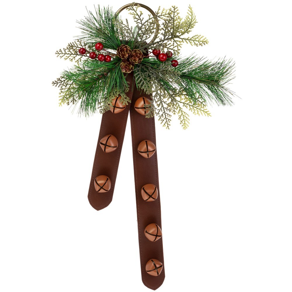 New Primitive Farmhouse Christmas JINGLE BELL LEATHER STRAP PINE Door Hanger