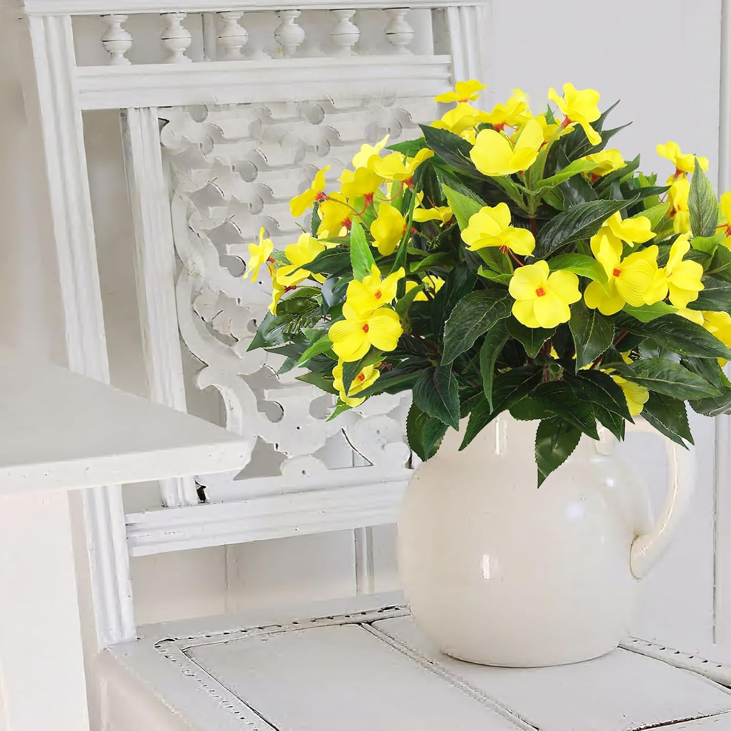 2 Pcs Artificial Impatiens Flowers for Outdoors Faux Impatiens Bushes Yellow