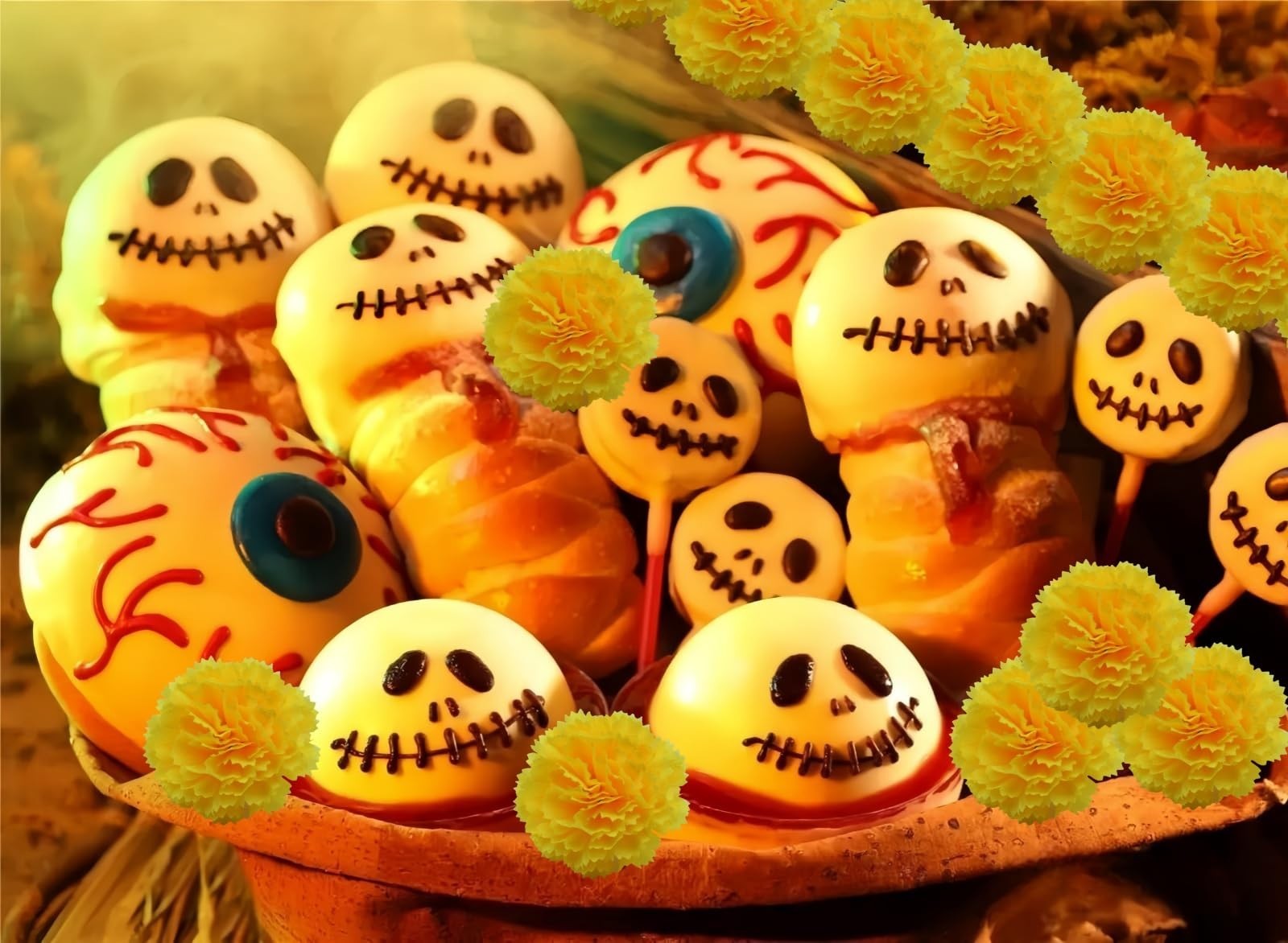 60 Pcs Yellow Artificial Marigold Flowers for Day of The Dead, Diwali Decor, DIY