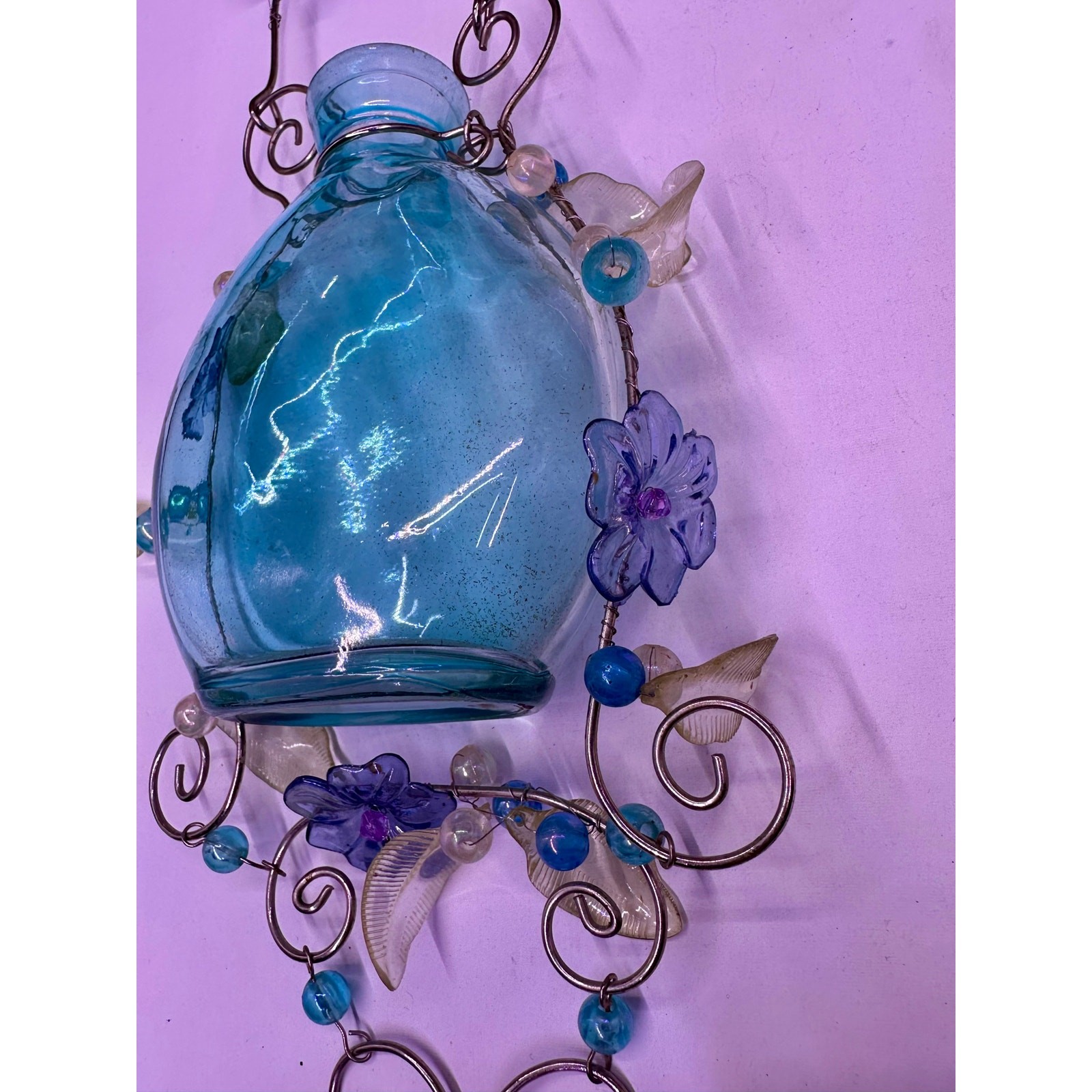 Vintage Blue Floral Glass Hanging Vase