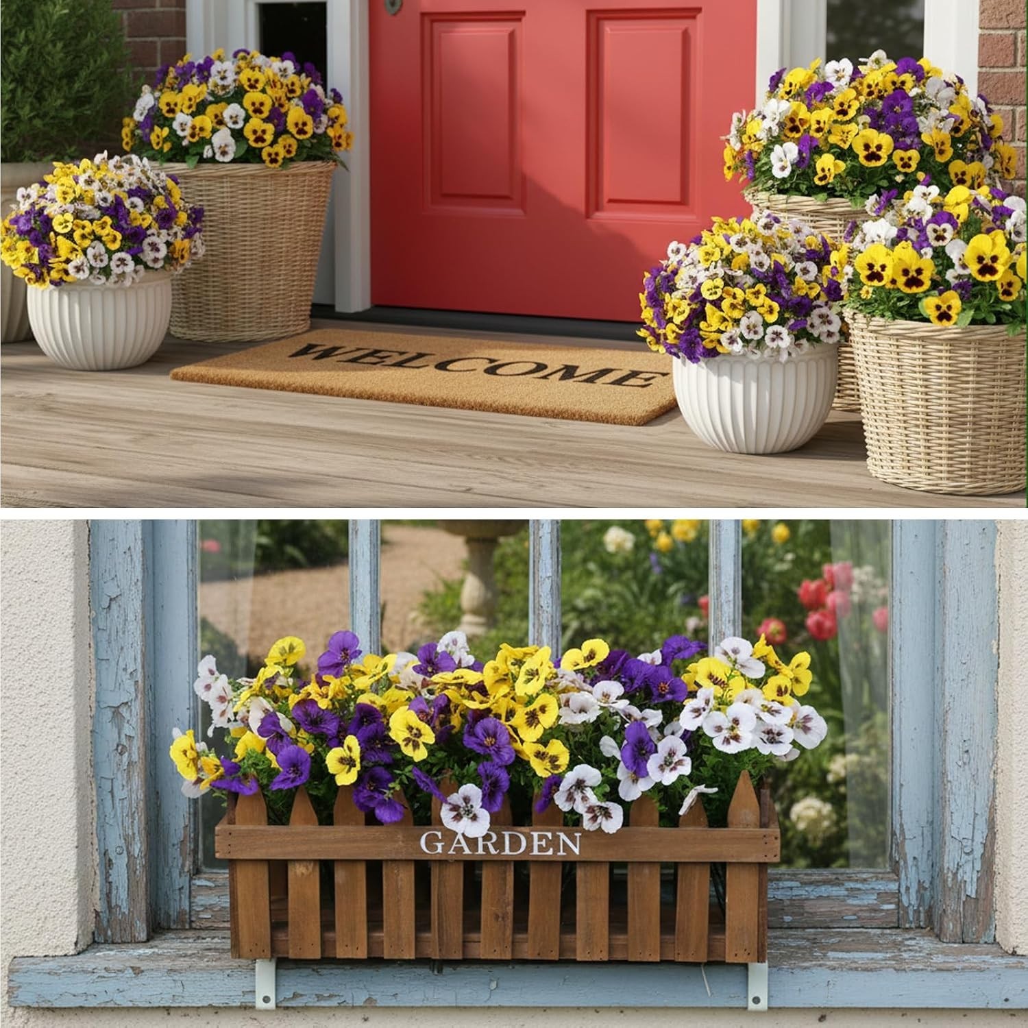 Vibrant Artificial Pansy & Eucalyptus Bouquets – Realistic, UV-Resistant Home…