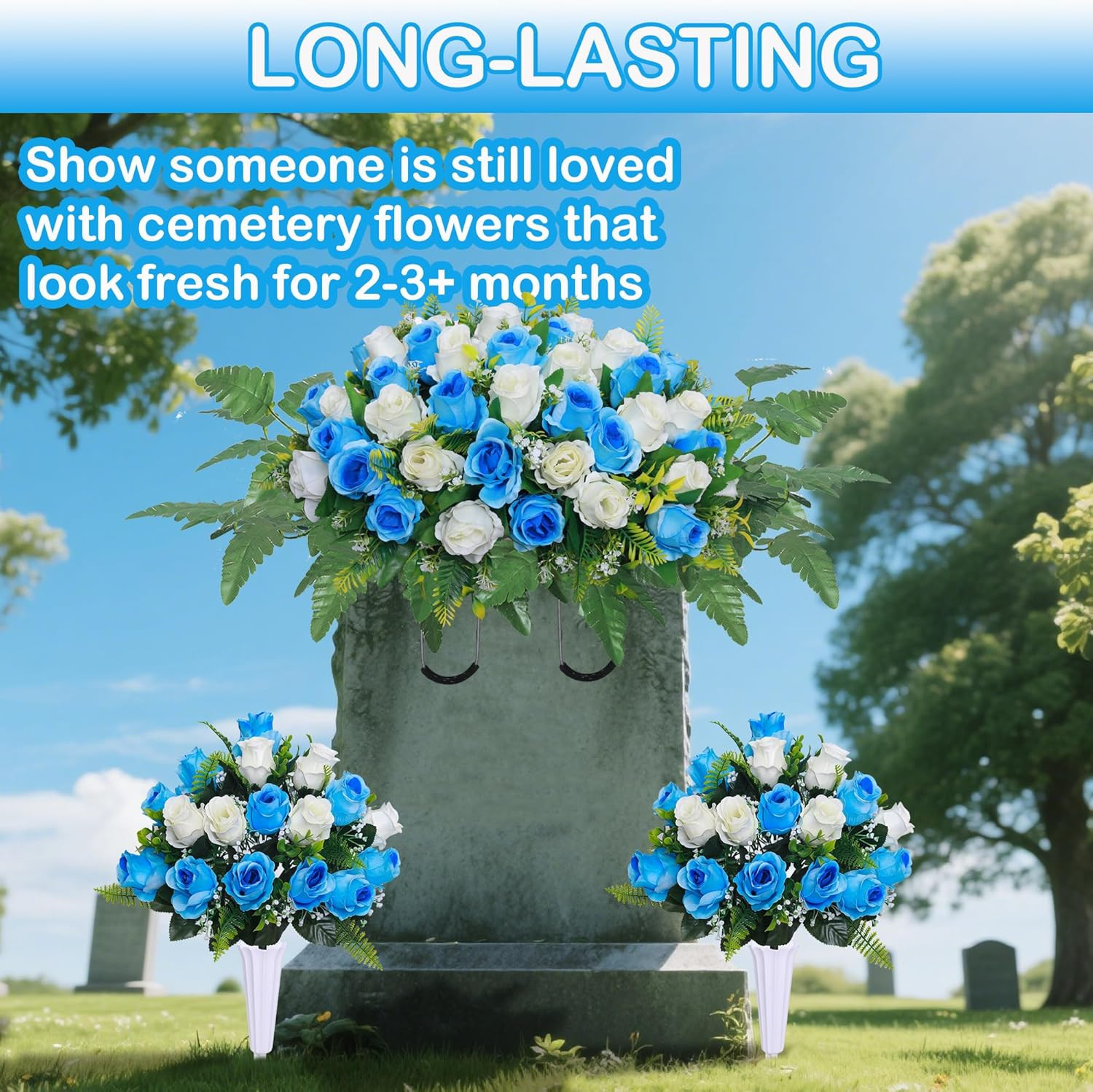 3 Pcs Blue White Cemetery Flower Saddles for Grave Memorial Decorations