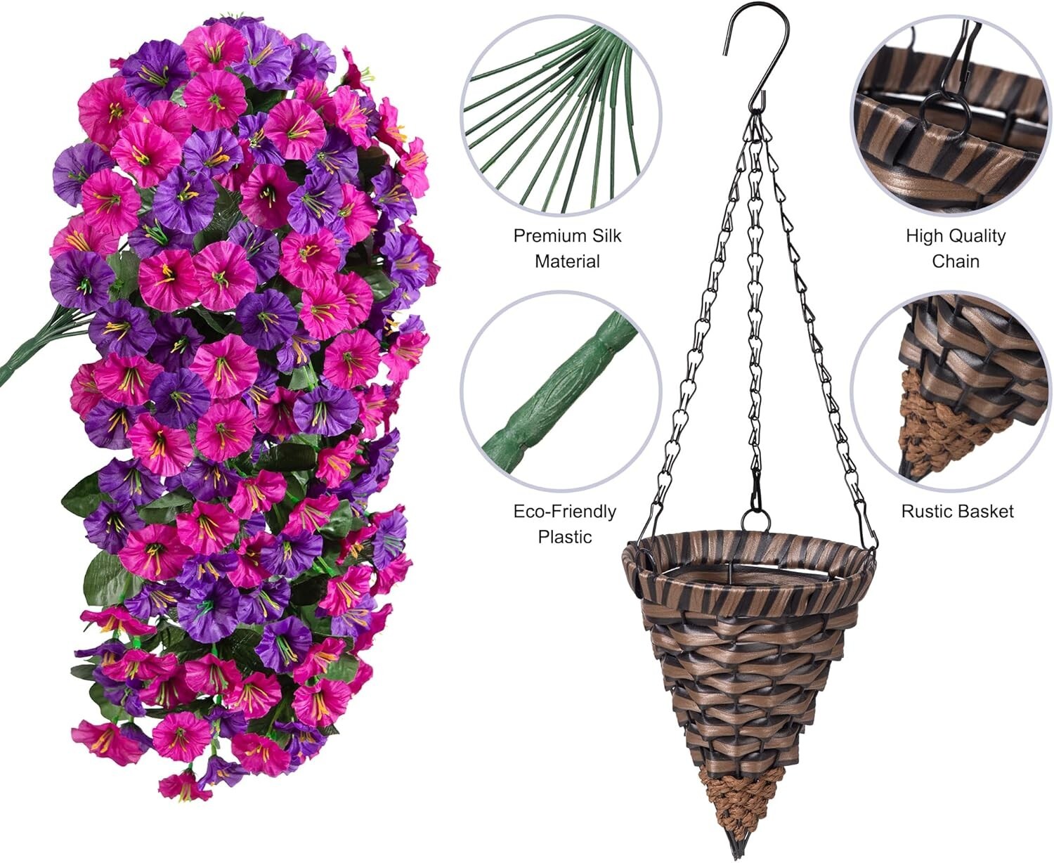 Vibrant Fuchsia & Dark Purple Faux Silk Hanging Flower Planter for Home Yards