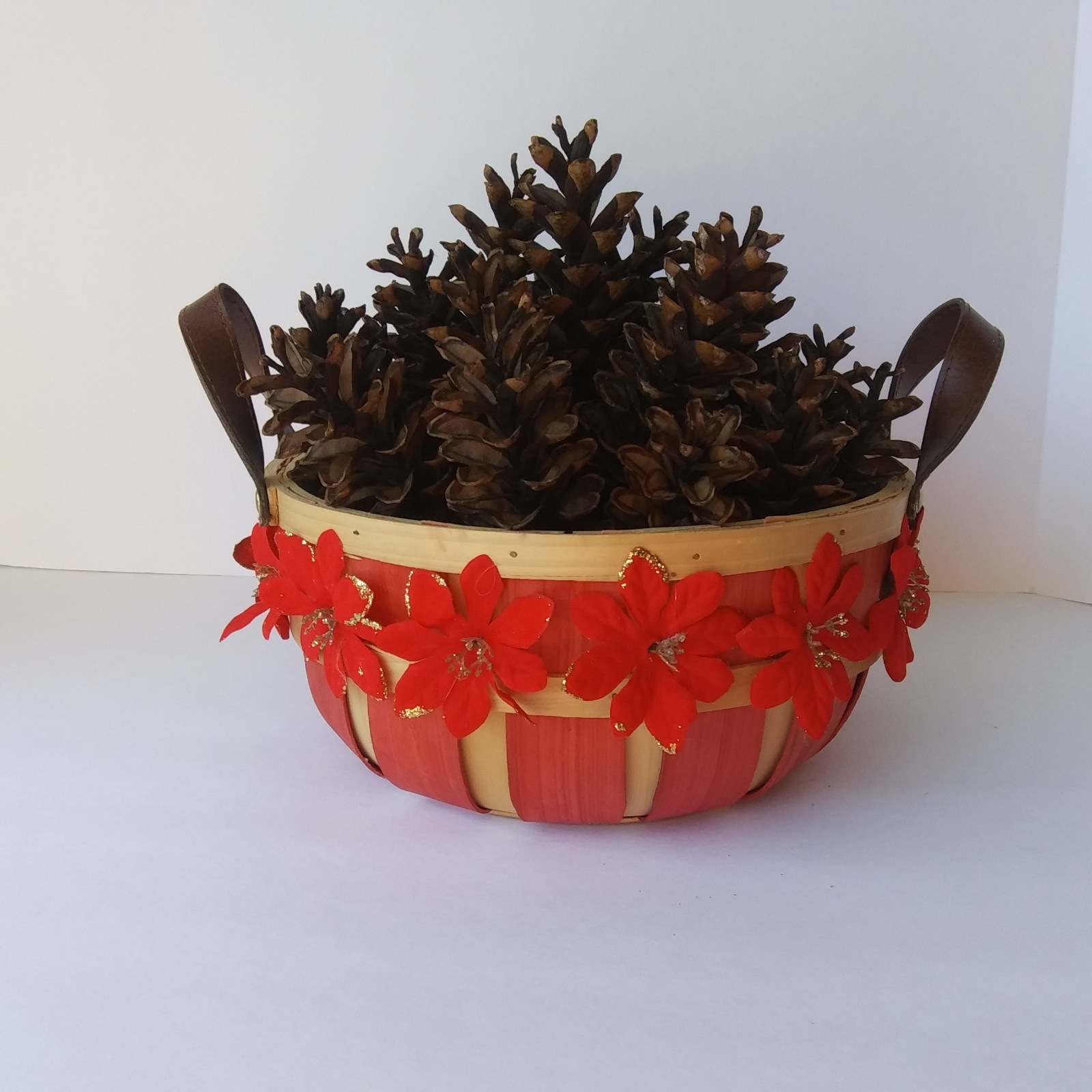 Rustic Pinecone Basket Centerpiece with Red Flowers – Fall or Christmas Décor
