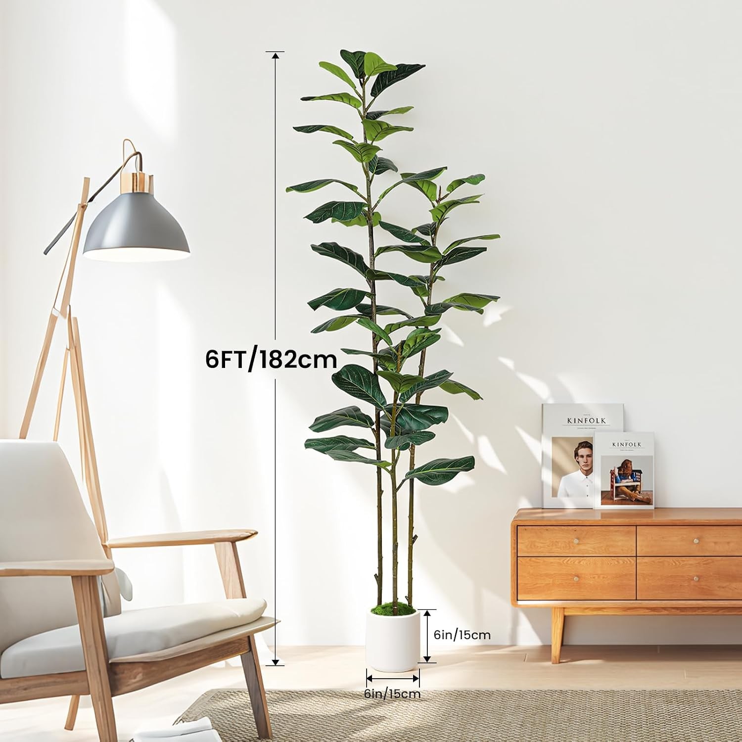 6FT Artificial Fiddle Leaf Fig Tree with White Planter Pot, 6 feet Tall Fake