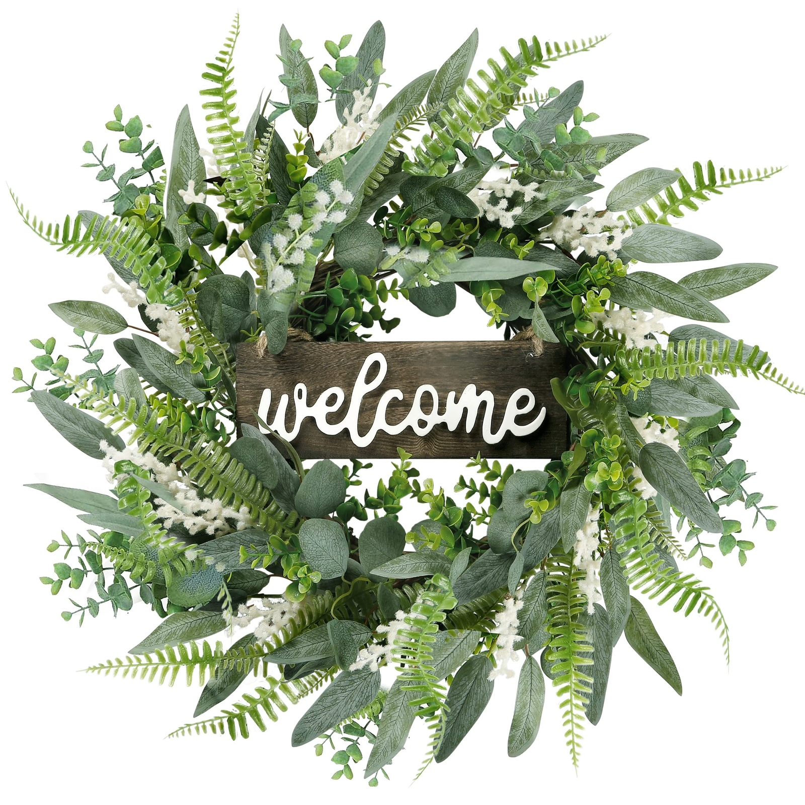 Sggvecsy Green Artificial Eucalyptus Wreath with Welcome Sign 20in Mixed Whit…